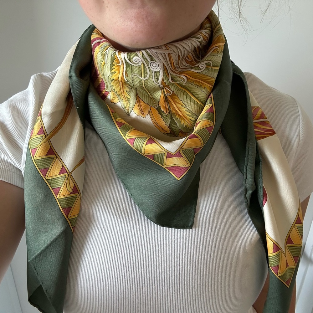 Ferragamo Green and Gold Leaf Pattern Scarf